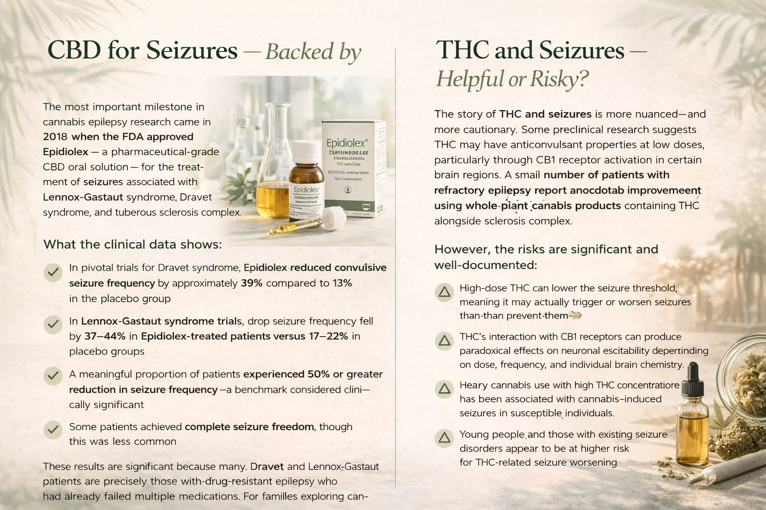 CBD for seizures infographic showing FDA-approved Epidiolex benefits, clinical trial results for Dravet and Lennox-Gastaut syndromes, and a comparison of THC risks, including seizure worsening and neurological effects.
