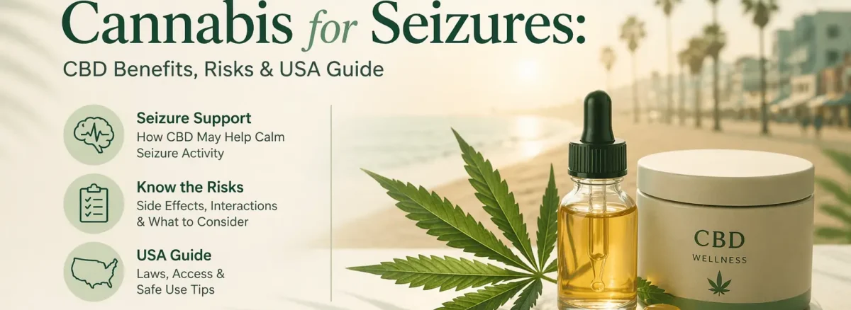 Cannabis for seizures banner showing a CBD oil bottle, capsules, and a cannabis leaf with a beach background highlighting benefits, risks, and a USA guide for seizure management.