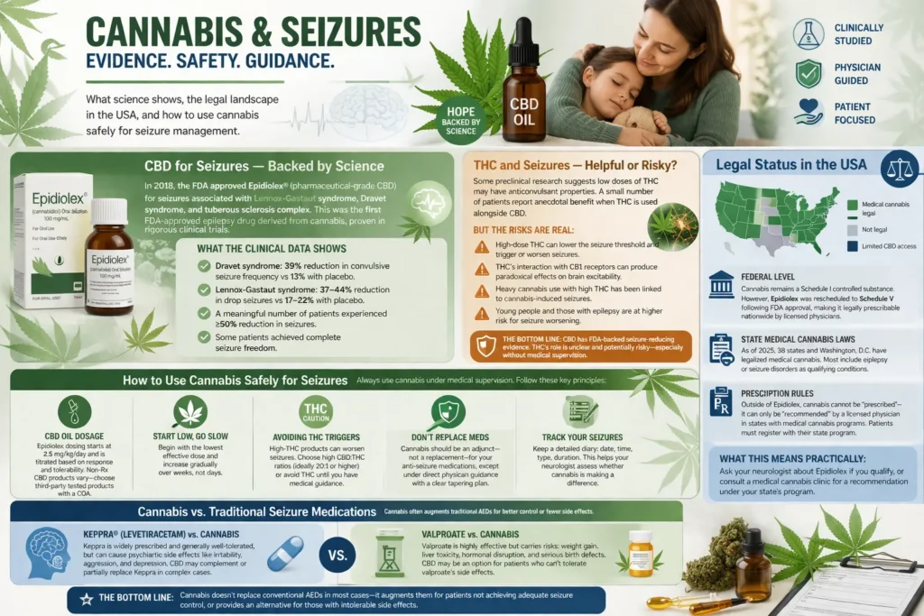 Cannabis and seizures infographic showing CBD clinical evidence, Epidiolex benefits, THC risks, USA legal status map, safe usage guidelines, dosage tips, and comparison with traditional seizure medications like Keppra and valproate.