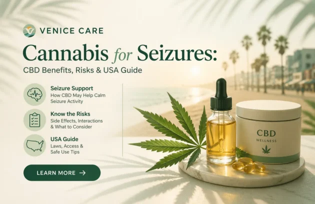 Cannabis for seizures banner showing a CBD oil bottle, capsules, and a cannabis leaf with a beach background highlighting benefits, risks, and a USA guide for seizure management.