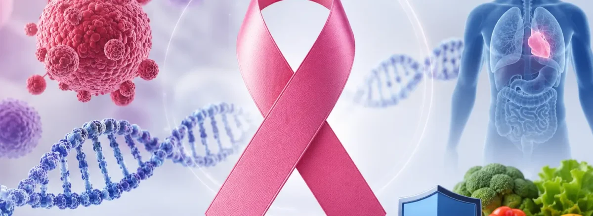 3D medical illustration showing cancer concept with a pink awareness ribbon, DNA strand, cancer cells, human body silhouette highlighting organs, and symbols of immunity and healthy lifestyle