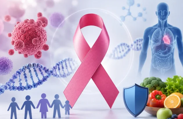 3D medical illustration showing cancer concept with a pink awareness ribbon, DNA strand, cancer cells, human body silhouette highlighting organs, and symbols of immunity and healthy lifestyle