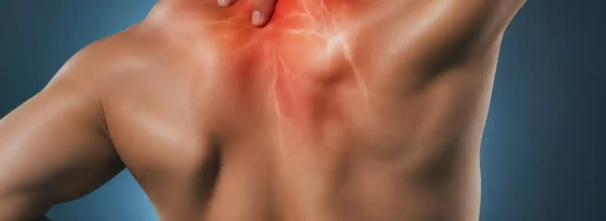 Person experiencing chronic muscle spasms with visible pain highlighted in the neck, upper back, and lower spine areas.