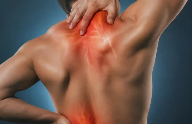 Person experiencing chronic muscle spasms with visible pain highlighted in the neck, upper back, and lower spine areas.