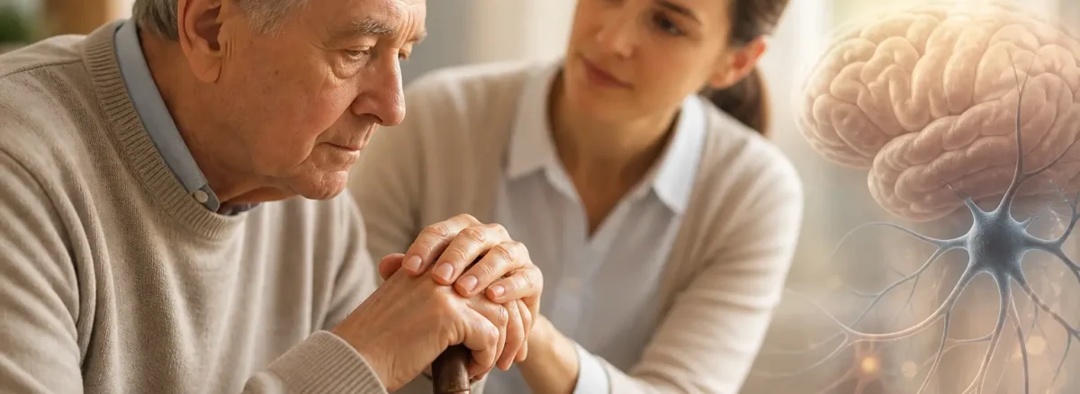 Parkinson Disease elderly patient receiving care and support from caregiver with walking stick indoors