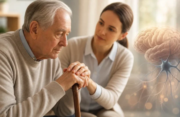 Parkinson Disease elderly patient receiving care and support from caregiver with walking stick indoors