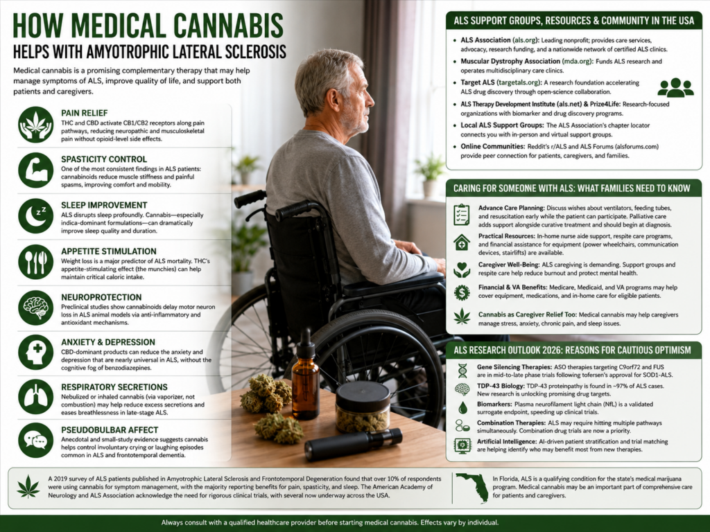 Realistic 4:3 medical infographic showing how medical cannabis may help people with amyotrophic lateral sclerosis (ALS), including pain relief, spasticity control, sleep improvement, appetite stimulation, respiratory support, caregiver resources, and ALS research developments.