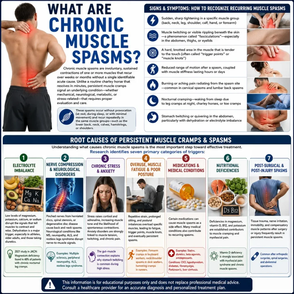 Square realistic medical infographic explaining chronic muscle spasms, including definition, symptoms like muscle tightening and twitching, and root causes such as electrolyte imbalance, nerve compression, stress, overuse, medications, nutritional deficiencies, and post-injury factors.
