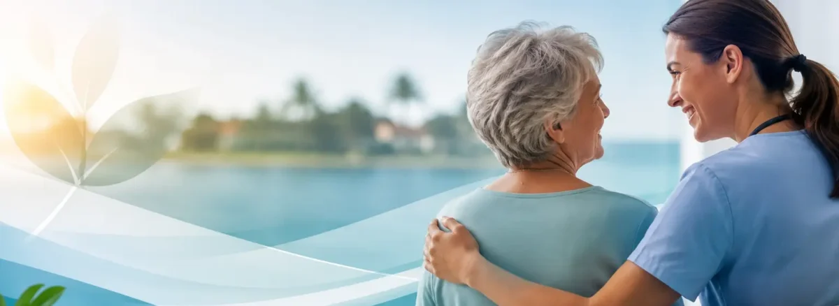 Multiple sclerosis patient support with caregiver by the seaside representing MS care and neurological wellness