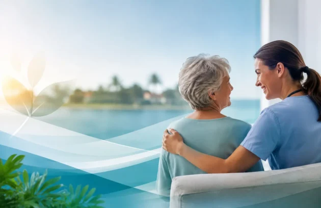 Multiple sclerosis patient support with caregiver by the seaside representing MS care and neurological wellness