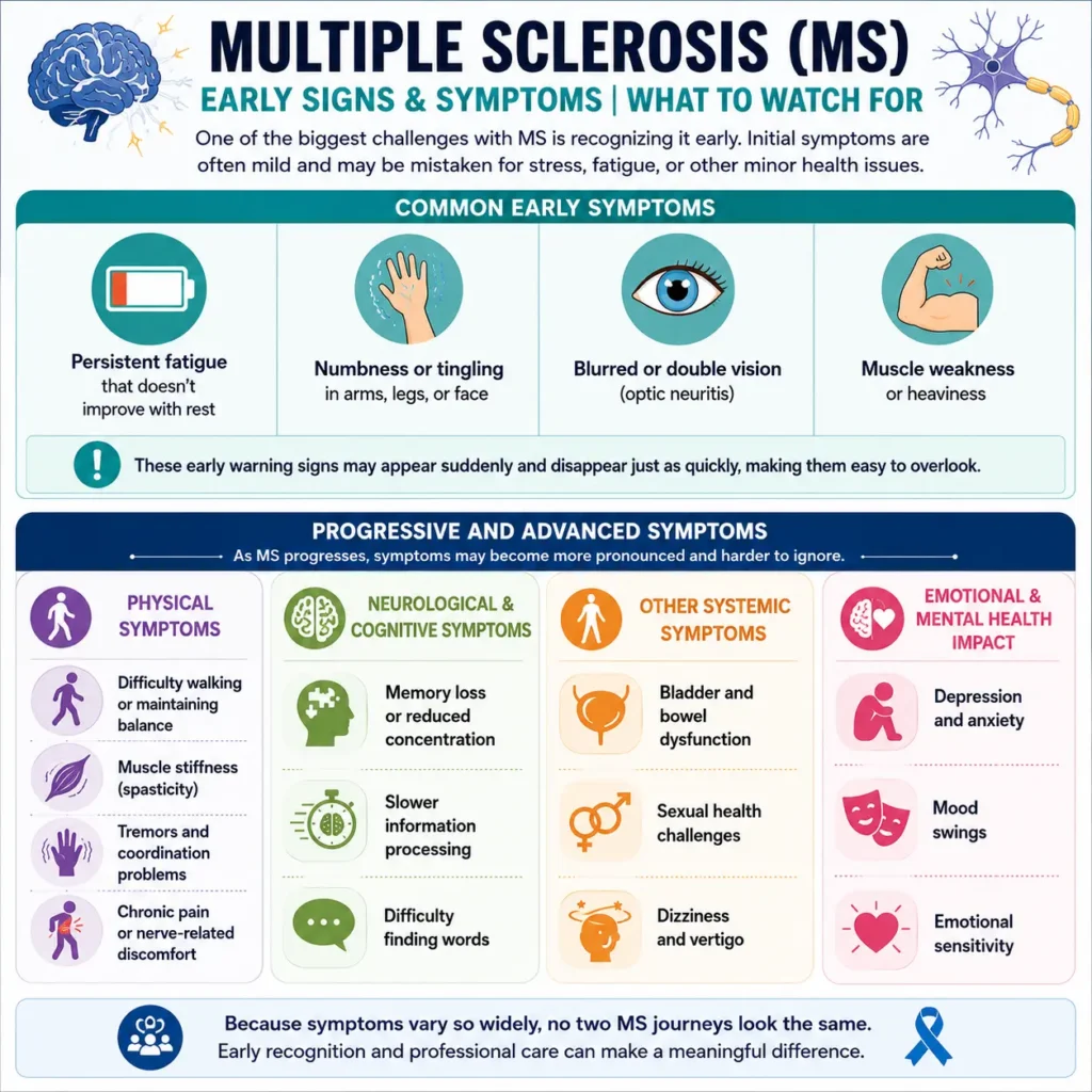 Multiple Sclerosis early signs and symptoms infographic showing fatigue, numbness, vision issues, and neurological effects