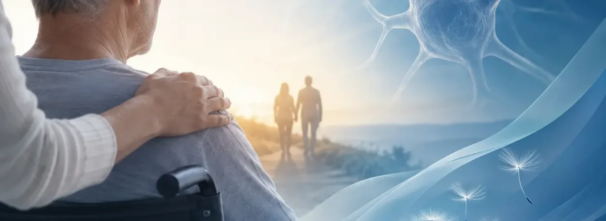 Compassionate neurological care concept showing an elderly man in a wheelchair with supportive caregiver imagery and abstract motor neuron illustration representing Amyotrophic Lateral Sclerosis (ALS).