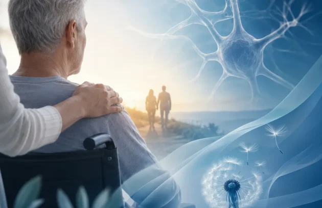 Compassionate neurological care concept showing an elderly man in a wheelchair with supportive caregiver imagery and abstract motor neuron illustration representing Amyotrophic Lateral Sclerosis (ALS).