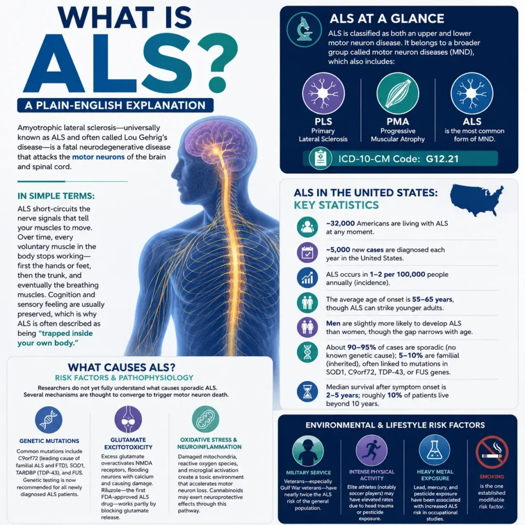 Medical infographic explaining Amyotrophic Lateral Sclerosis (ALS), including ALS symptoms, causes, motor neuron damage, risk factors, and key statistics about Lou Gehrig’s disease in the United States.