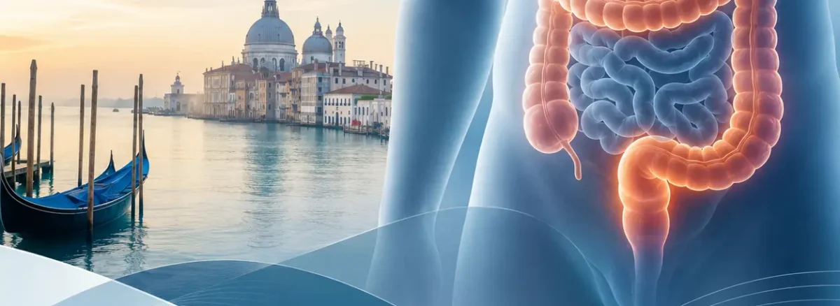 Clean medical illustration showing the human digestive system with highlighted intestines, set against a calm waterfront background, representingCrohn's disease and gastrointestinal health.