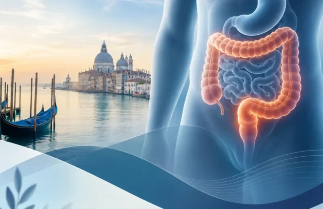 Clean medical illustration showing the human digestive system with highlighted intestines, set against a calm waterfront background, representingCrohn's disease and gastrointestinal health.