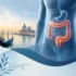 Clean medical illustration showing the human digestive system with highlighted intestines, set against a calm waterfront background, representingCrohn's disease and gastrointestinal health.
