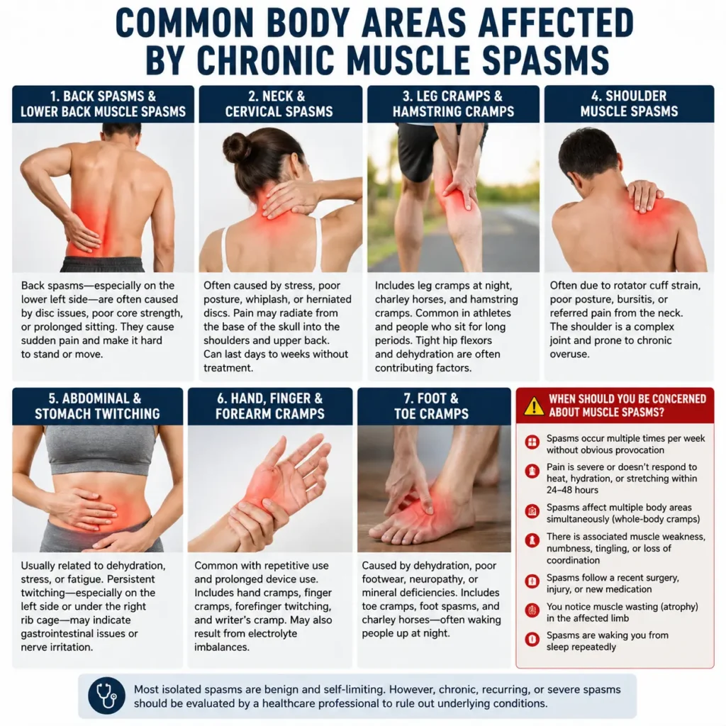 Realistic medical infographic showing key body areas affected by chronic muscle spasms, including lower back, neck, legs, shoulders, abdomen, hands, and feet, with highlighted pain zones in red and a section outlining warning signs that require medical attention.