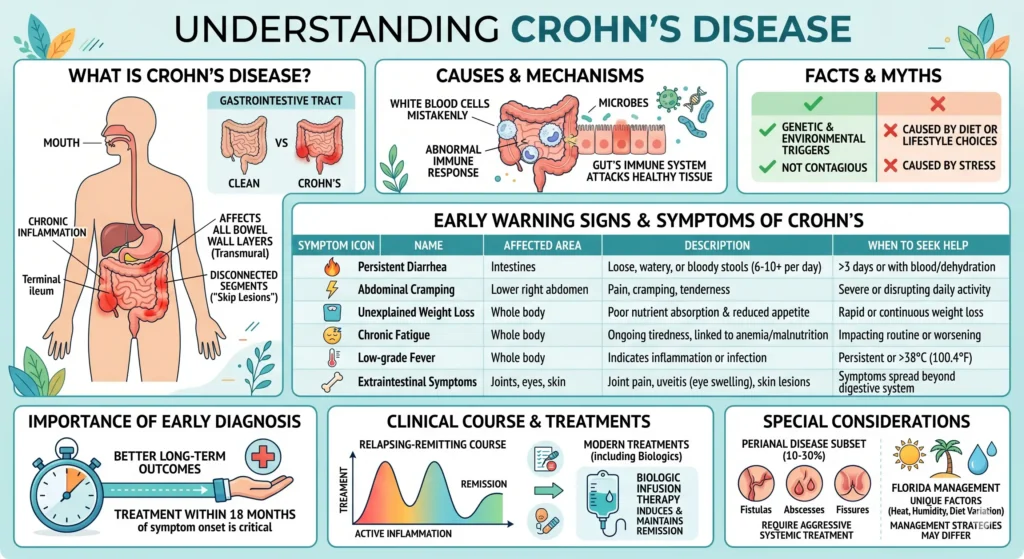 Comprehensive infographic explaining Crohn's disease, including affected areas of the digestive tract, causes and immune response, myths and facts, early warning symptoms, importance of early diagnosis, treatment options like biologics, and complications such as fistulas and abscesses.