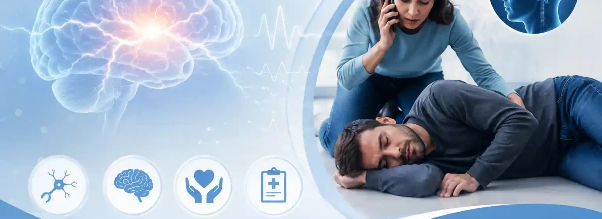 Seizures medical emergency illustration showing brain activity and first aid response during epileptic seizure