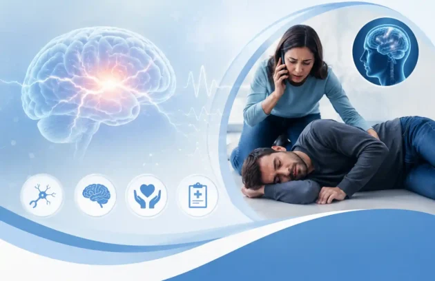 Seizures medical emergency illustration showing brain activity and first aid response during epileptic seizure