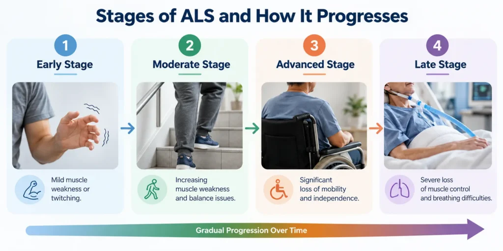 nfographic showing four stages of ALS progression, from mild muscle weakness to severe mobility and breathing difficulties.