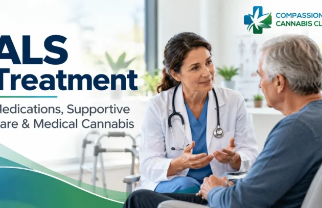 Doctor discussing ALS treatment options and supportive care with an older patient at a medical clinic.