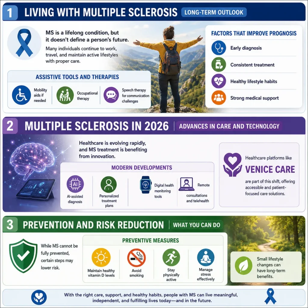Multiple Sclerosis long-term outlook infographic showing lifestyle management, advanced care technology, and prevention strategies