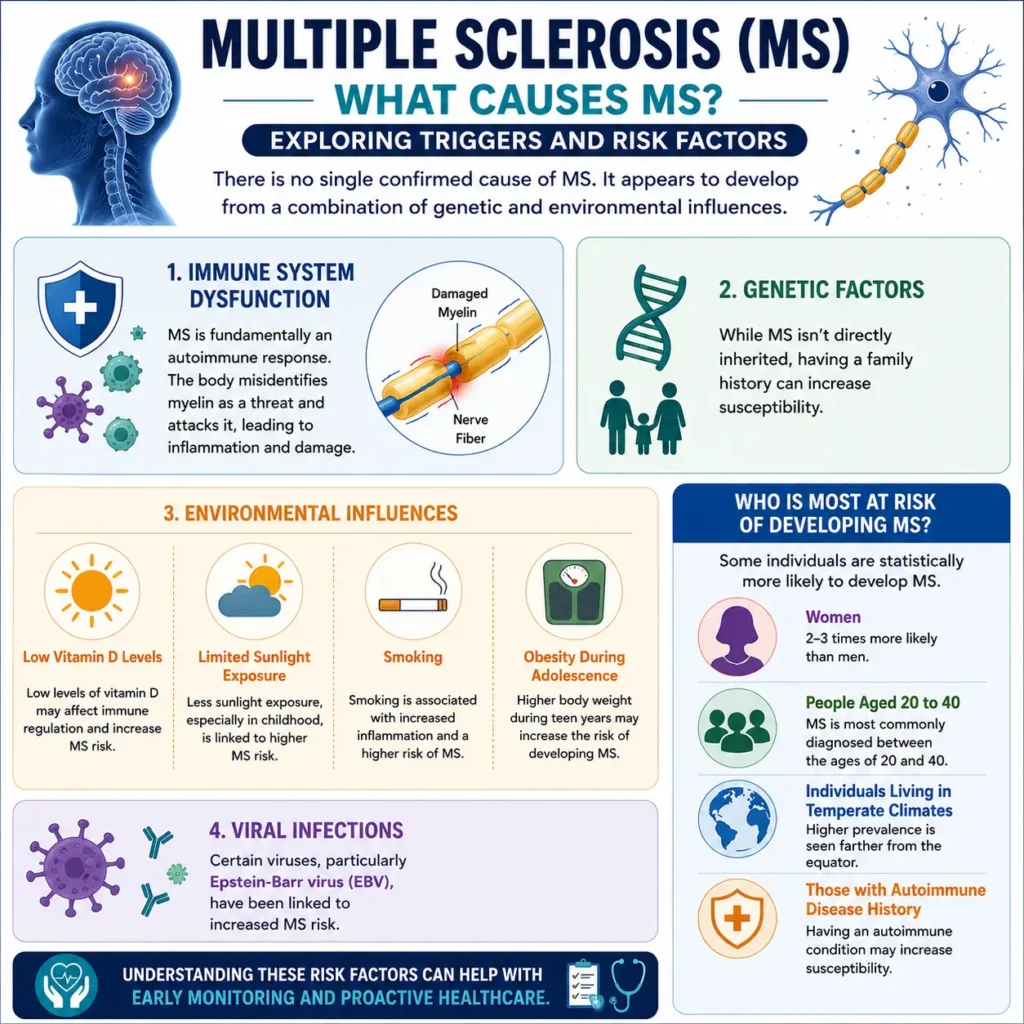 Multiple Sclerosis causes and risk factors infographic showing immune dysfunction, genetics, environmental triggers, and viral infections