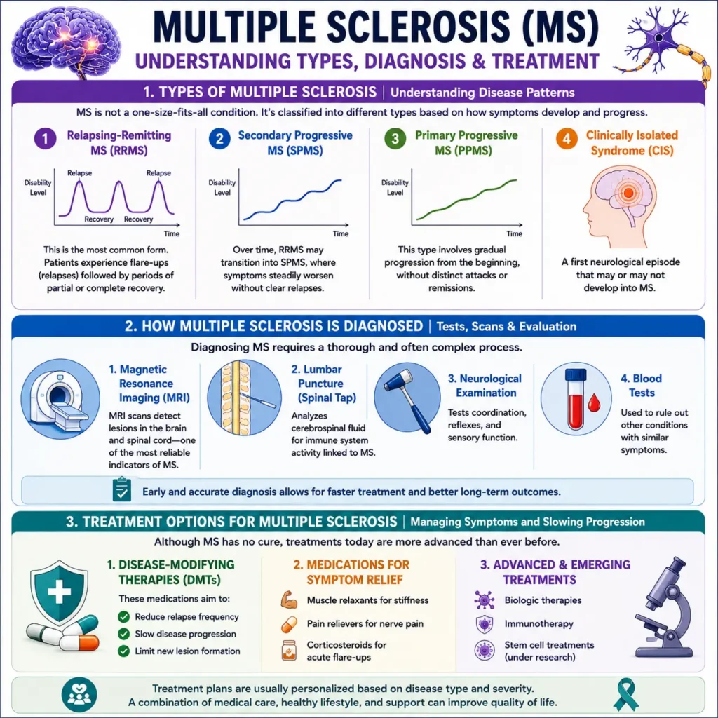 Multiple Sclerosis types diagnosis and treatment infographic showing RRMS, SPMS, PPMS, CIS and medical tests with therapy options