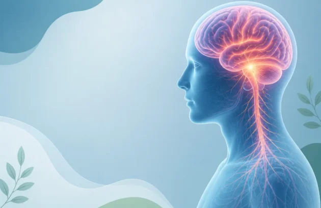 Neurological disorders concept illustration showing human brain and nervous system with glowing neural pathways on a clean medical background