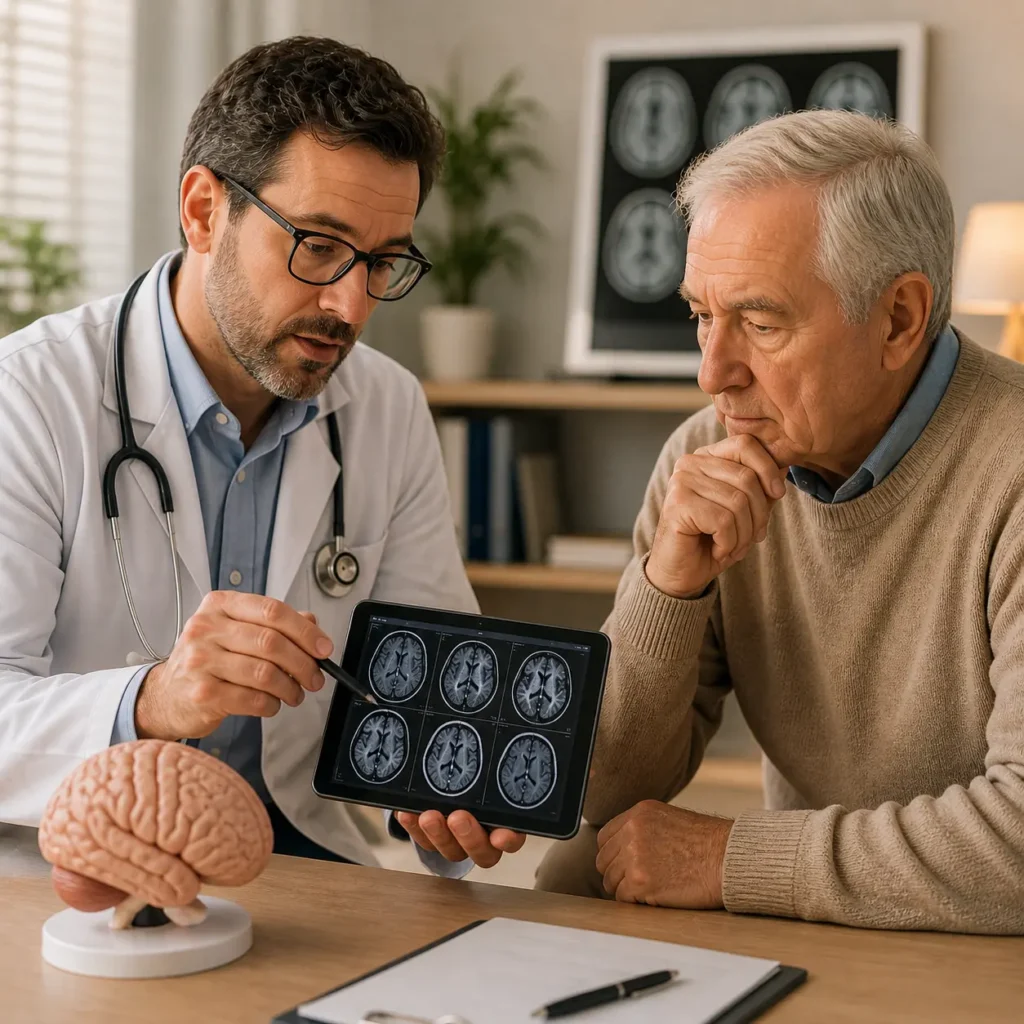 Parkinson Disease diagnosis neurologist examining elderly patient with brain scan and clinical assessment