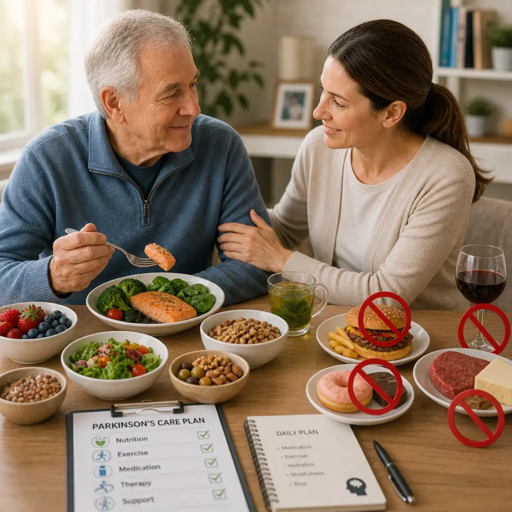 Parkinson Disease patient eating healthy balanced diet with caregiver including vegetables fish and whole foods