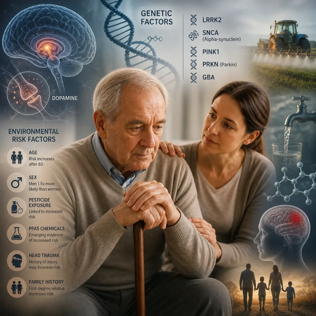 Parkinson Disease elderly patient supported by caregiver representing genetic and environmental risk factors
