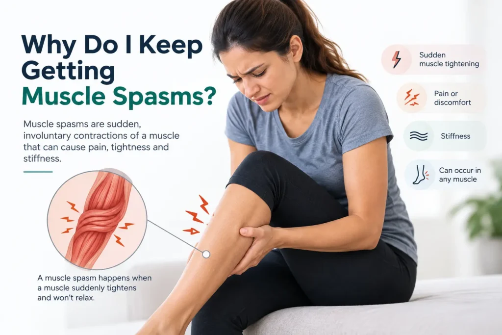 Illustration explaining muscle spasms, showing sudden involuntary muscle tightening that causes pain and stiffness in the calf.
