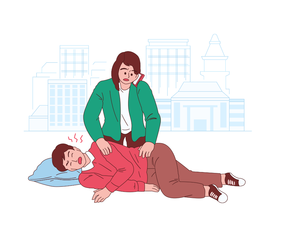 Illustration of a person experiencing a nighttime seizure while another person provides assistance.