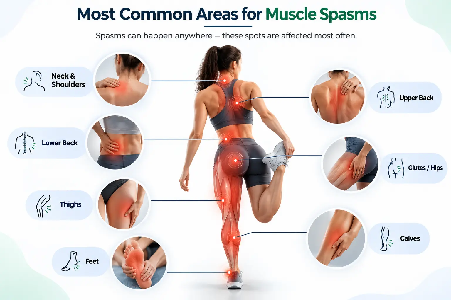 Common areas affected by muscle spasms including neck, back, thighs, calves and feet