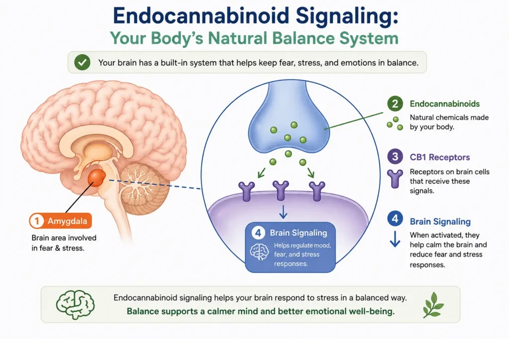 Infographic showing how endocannabinoids interact with CB1 receptors and influence fear and stress signaling in the brain