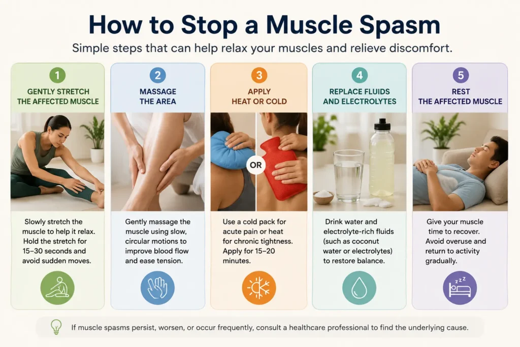 How to stop a muscle spasm with stretching, massage, heat or cold, hydration, and rest