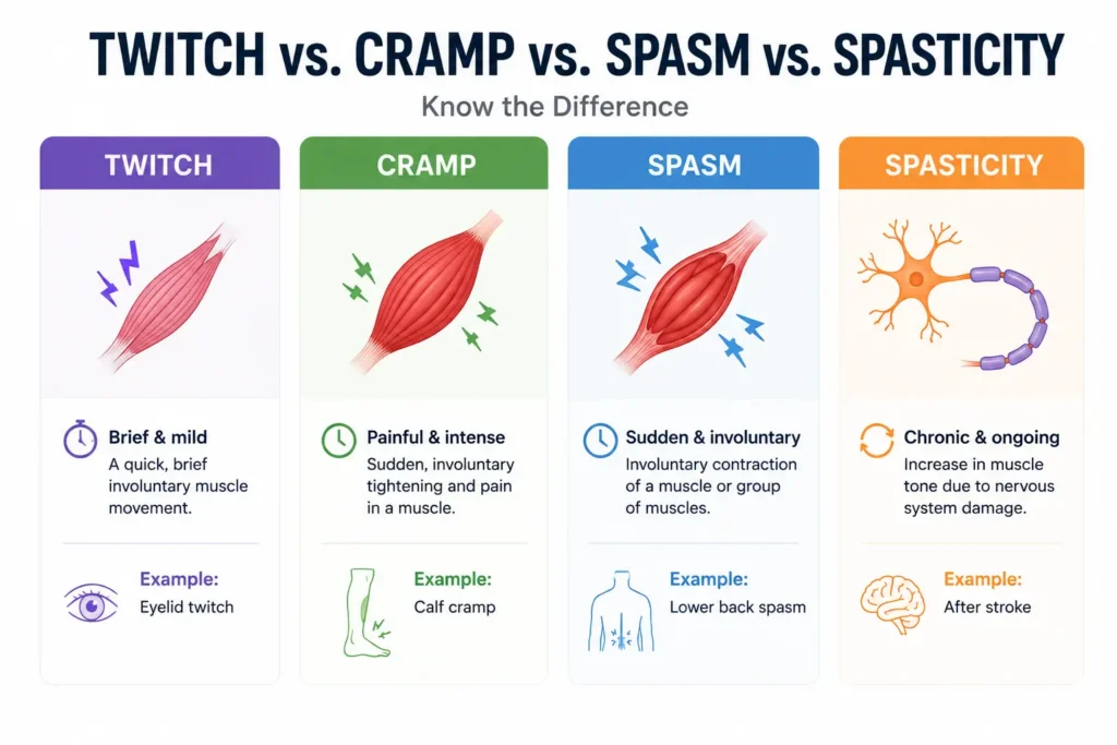 Comparison of muscle twitch, cramp, spasm, and spasticity