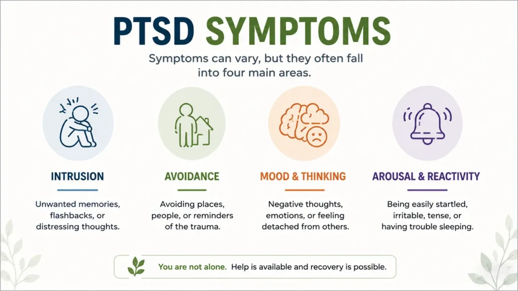 PTSD symptoms grouped into four areas: intrusion, avoidance, mood and thinking, and arousal and reactivity