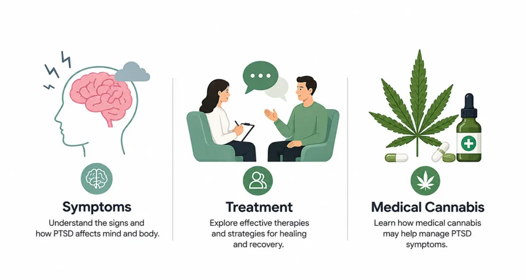 Infographic showing PTSD symptoms, treatment options, and medical cannabis