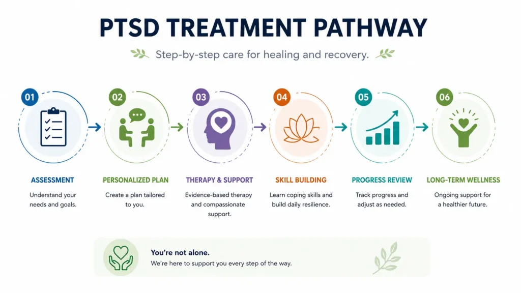 PTSD treatment pathway showing assessment, personalized plan, therapy and support, skill building, progress review, and long-term wellness