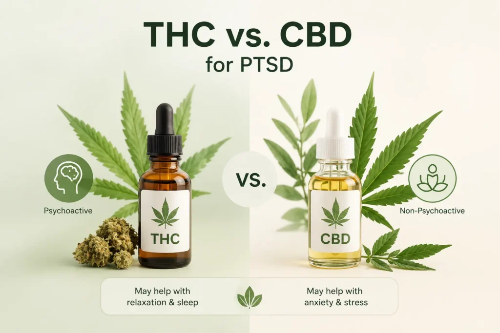 THC vs CBD for PTSD showing psychoactive THC and non-psychoactive CBD