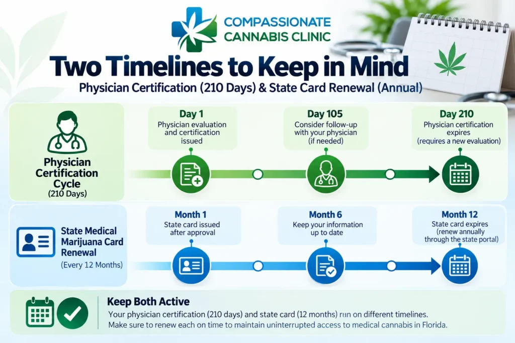 Timeline showing the 210-day physician certification cycle and annual Florida medical marijuana card renewal