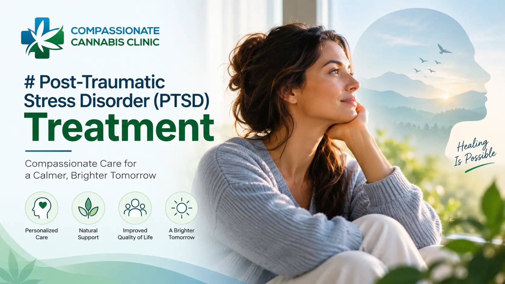 Post-traumatic stress disorder PTSD treatment featuring a person in a calm setting with compassionate mental health support