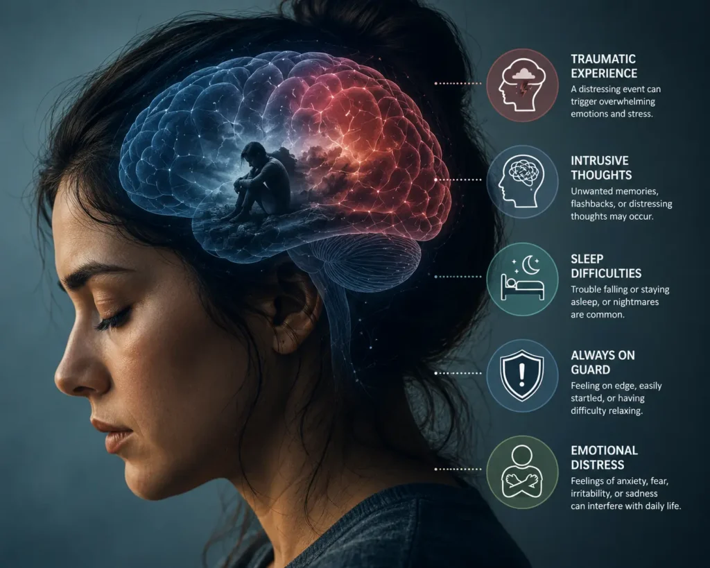Illustration showing how PTSD can affect the brain, thoughts, sleep, and emotional well-being
