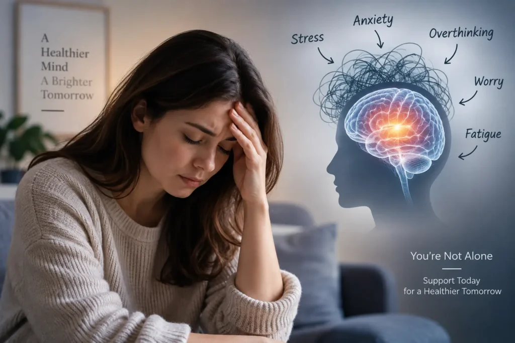 Thoughtful person experiencing stress alongside a conceptual illustration of a brain affected by stress and anxiety