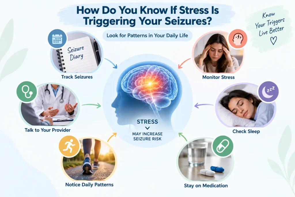 Infographic showing signs and patterns that may indicate stress is triggering seizures